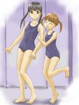  barefoot black_eyes black_hair blush brown_eyes brown_hair chiba_saori closed_eyes happy holding_hands hourou_musuko kamosikayasyamoji long_hair multiple_girls one-piece_swimsuit open_mouth sasa_kanako school_swimsuit short_hair short_twintails smile swimsuit twintails 