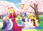  animal_ears blonde_hair blue_eyes blush bottle bow brown_hair cat_ears cat_tail chen cherry_blossoms cirno cup daiyousei day dress eijima_moko flying fox_tail ghost green_hair hair_bow hat hitodama kneeling konpaku_youmu konpaku_youmu_(ghost) lily_white masu microphone multiple_girls music musical_note nature outdoors petals picnic pink_hair saigyouji_yuyuko sakazuki scabbard sheath short_hair singing sitting sword tail tassel touhou tree triangular_headpiece weapon wings yakumo_ran yakumo_yukari 