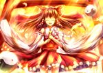  ascot bow brown_hair closed_eyes detached_sleeves feathers gohei hair_bow hair_tubes hakurei_reimu long_hair open_mouth sakura_ani skirt smile solo touhou yin_yang 