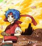  ahoge artist_request bandages belt blue_hair blush brown_eyes canyon cloud copyright_name gloves headband lowres male_focus oekaki pants petals red_vest rody_roughnight shirt sky smile solo vest wild_arms wild_arms_1 