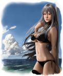  bikini breasts cleavage cleavage_cutout highres idnar large_breasts lips long_hair navel realistic red_eyes selvaria_bles senjou_no_valkyria silver_hair solo swimsuit underboob 