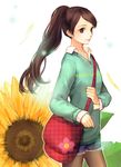  bad_id bad_pixiv_id bag brown_eyes brown_hair denim denim_shorts earrings flower jewelry legwear_under_shorts light_smile long_hair original pantyhose ponytail shorts solo sunflower tuuuh 