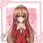  aisaka_taiga bad_id brown_eyes brown_hair gift hard_translated heart highres incoming_gift long_hair nanaya_(shohei77) school_uniform toradora! translated tsundere valentine 