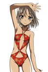  428 arm_up armpits breasts brown_eyes brown_hair canaan canaan_(character) navel o-ring o-ring_top one-piece_swimsuit onizuka_takuto simple_background small_breasts smile solo swimsuit 