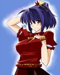  alternate_hairstyle blush breasts frown hair_ornament hand_in_hair hand_on_own_chest kasu_kazu large_breasts leaf ponytail purple_hair red_eyes rope short_hair solo staring touhou upper_body yasaka_kanako 