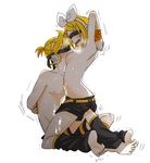  1girl arms_behind_back arms_up bad_id bad_pixiv_id barefoot bdsm blindfold blonde_hair blush bondage bound bound_arms breasts brother_and_sister clothed_sex cum cum_on_body cum_on_lower_body grinding hair_ornament hair_ribbon hairclip headphones highres incest kagamine_len kagamine_rin leg_warmers medium_breasts nail_polish nikumasa open_mouth ribbon sensory_deprivation short_hair shorts shorts_pull siblings sitting sweat topless trembling twincest twins vocaloid 