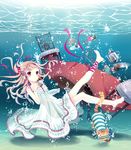  ankle_lace-up bare_legs bare_shoulders barefoot bubble cat chair cross-laced_footwear cup dress feet full_body highres long_hair original pink_eyes pink_hair ribbon saucer sleeveless solo sundress teacup teapot underwater water yuuki_rika 