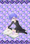  adapted_costume bad_id bad_pixiv_id black_coat_(kingdom_hearts) blue_eyes book boots child hair_over_one_eye highres kingdom_hearts kingdom_hearts_358/2_days male_focus okitsune_(okitsune-sama) purple_hair radish shorts sitting solo younger zexion 