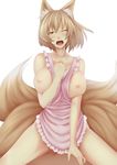  animal_ears apron bad_id bad_pixiv_id between_breasts blonde_hair breasts breasts_outside clothes_between_breasts cowgirl_position fox_ears fox_tail girl_on_top large_breasts multiple_tails naked_apron nipples one_eye_closed otouto_(caster5) sex short_hair solo_focus straddling tail touhou yakumo_ran yellow_eyes 