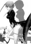  ass blush boots breasts greyscale highres impossible_clothes impossible_shirt legs maka_albarn medium_breasts miniskirt momoi_nanabei monochrome open_mouth panties panty_pull shadow shinigami_sama shirt skirt soul_eater twintails underwear 