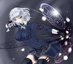  blue_eyes bow braid breasts fingerless_gloves gloves hair_bow izayoi_sakuya knife koumajou_densetsu koumajou_densetsu_2 large_breasts magic_circle marl35 short_hair silver_hair solo thighhighs touhou twin_braids 