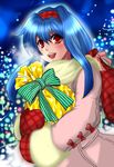  anastasia_valeria blue_hair bow christmas coat cocopazu gift gift_bag hairband happy holding holding_gift long_hair looking_at_viewer mittens night open_mouth red_eyes red_hairband ribbon sidelocks solo tree wild_arms wild_arms_2 