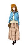  bag blush boots brown_eyes brown_hair dress female frown full_body highres jacket long_hair nisu original simple_background solo white_background 