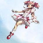  bow bubble_skirt gloves hair_bow kaname_madoka magical_girl mahou_shoujo_madoka_magica mironomeo pink_eyes pink_hair shoes short_twintails skirt smile solo twintails water white_gloves white_legwear 