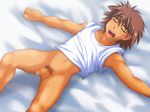  bed_sheet bedsheets bottomless brown_hair censored flaccid lying male male_focus mosaic_censoring mucles muscle navel on_back open_mouth outstretched_arms penis pixelated set shirt sleeping solo spread_arms spread_legs t-shirt thisarmor undressing yaoi 