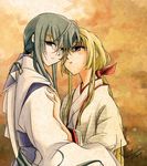  blonde_hair blue_hair himemiya_chikane japanese_clothes kannazuki_no_miko kurusugawa_himeko long_hair miko multiple_girls nitro yuri 