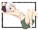  arm_up armpits bandages black_hairband blue_eyes blush breasts covered_nipples hair_ribbon hairband katanakko_daisuki konpaku_youmu lying navel no_shirt open_mouth ribbon sarashi short_hair silver_hair skirt small_breasts socks solo touhou undone_sarashi white_hair 