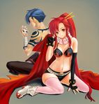  1girl blue_hair breasts cape cleavage couple fingerless_gloves gloves hetero kamina long_hair medium_breasts navel peco19peco ponytail red_hair scarf short_hair short_shorts shorts skull tattoo tengen_toppa_gurren_lagann thighhighs yellow_eyes yoko_littner 