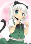  amaa_(chou_dennou_jidai) animal_ears bad_id bad_pixiv_id bell black_hairband blue_eyes bob_cut cat_ears cat_tail fake_animal_ears hairband kemonomimi_mode konpaku_youmu nyanyanyanyanyanyanya!_(vocaloid) paw_pose short_hair silver_hair solo tail touhou upper_body vest vocaloid white_hair 