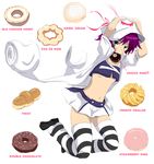  angel_cream arms_up bangs black_legwear blush_stickers breasts choco_ring coat crop_top double_chocolate_(doughnut) doughnut eating english facial_mark food food_in_mouth french_cruller from_side full_body green_eyes hands_on_headwear hat hat_ribbon jumping long_coat looking_at_viewer merry_nightmare midriff miniskirt mister_donut mouth_hold navel old-fashioned_doughnut old_fashion_honey open_clothes open_coat pleated_skirt pon_de_ring purple_hair ribbon short_hair simple_background skirt small_breasts solo strawberry_ring striped striped_legwear thighhighs twist_(doughnut) voyon white_background white_legwear yumekui_merry zettai_ryouiki 
