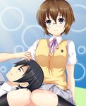  1girl black_eyes black_hair brown_hair glasses highres hinata_sora kousaka_kyousuke lap_pillow ore_no_imouto_ga_konna_ni_kawaii_wake_ga_nai school_uniform short_hair tamura_manami 