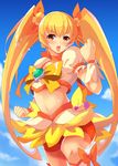  absurdres blonde_hair blue_background blush bow choker clenched_hands cure_sunshine heartcatch_precure! highres long_hair magical_girl midriff myoudouin_itsuki navel open_mouth orange_(color) orange_bow orange_choker precure sakusaku_(sakusakucrab) skirt solo twintails very_long_hair yellow_bow yellow_eyes yellow_skirt 