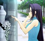  ahoge blush bouquet dress flower glass hand_on_own_face idolmaster idolmaster_(classic) long_hair miura_azusa namidate profile purple_eyes purple_hair road sleeveless sleeveless_turtleneck solo street turtleneck vanishing_point wedding_dress window_shopping 