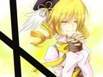  beret blonde_hair closed_eyes drill_hair fingerless_gloves gloves hat highres hinashota magical_girl mahou_shoujo_madoka_magica praying ribbon solo tomoe_mami twin_drills twintails 