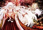  akasia alternate_costume back-to-back bow from_behind fujiwara_no_mokou hair_bow hair_ribbon japanese_clothes kamishirasawa_keine long_hair multiple_girls red_eyes ribbon scroll standing touhou very_long_hair white_hair 