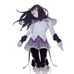  akemi_homura bad_id bad_pixiv_id black_hair highres kneeling long_hair magical_girl mahou_shoujo_madoka_magica pantyhose purple_skirt reflection rururara simple_background skirt sleeves_past_wrists solo 