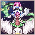  bird bun_cover crescent_moon double_bun dragon eagle eastern_dragon ibaraki_kasen kisasage_kouta lowres moon multiple_girls onozuka_komachi pixel_art scythe star tabard touhou wild_and_horned_hermit 