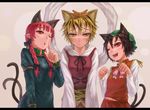  animal_ears animal_print bad_id bad_pixiv_id black_legwear blonde_hair blush braid cat_ears cat_tail chen extra_ears face finger_to_mouth hands hat kaenbyou_rin kemonomimi_mode kurione_(zassou) letterboxed multicolored_hair multiple_girls navel one_eye_closed paw_pose pointy_ears red_eyes red_hair shawl short_hair shushing tail thighhighs tiger_ears tiger_print toramaru_shou touhou twin_braids twintails two-tone_hair upper_body yellow_eyes 