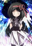  akemi_homura amy_(madoka_magica) animal animal_hug bad_id bad_pixiv_id black_cat black_hair blush cat closed_eyes highres leizero long_hair magical_girl mahou_shoujo_madoka_magica pantyhose ribbon smile solo wings 