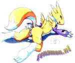  amber_eyes breasts butt canine claws digimon digitigrade female fox from_behind gloves looking_back masturbation on_front presenting pussy renamon sawblade solo spread_legs spreading tail watermark yellow 