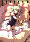  asteion barefoot bed blush cat closed_eyes crusoe einhart_stratos green_hair long_hair lying lyrical_nanoha mahou_shoujo_lyrical_nanoha_vivid name_tag on_side one-piece_swimsuit pillow ponytail school_swimsuit sleeping solo stuffed_animal stuffed_toy swimsuit thighhighs very_long_hair 