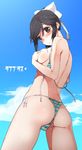  ass bikini black_hair blush bow breasts brown_eyes cameltoe cloud covering covering_breasts day front-tie_top hair_bow looking_back love_plus medium_breasts ponytail rkrk side-tie_bikini sideboob sky solo string_bikini striped swimsuit takane_manaka undressing untied 