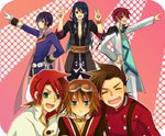  5boys :d ^_^ ahoge asbel_lhant bad_id bad_pixiv_id belt black_eyes black_hair blue_eyes blue_hair brown_hair cape choker closed_eyes coat frown gloves goggles goggles_on_head green_eyes green_shirt hand_on_hip happy leon_magnus lloyd_irving long_hair luke_fon_fabre mayo. multicolored_hair multiple_boys open_mouth pink_background pointing red_hair red_shirt rita_mordio shirt short_hair smile tales_of_(series) tales_of_destiny tales_of_graces tales_of_symphonia tales_of_the_abyss tales_of_vesperia v white_gloves yuri_lowell 