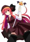  bad_id bad_pixiv_id bat_wings black_legwear blush breasts dress eyebrows hat head_wings hujikok koakuma long_hair magical_girl medium_breasts necktie parody red_eyes red_hair red_neckwear skirt solo staff thighhighs touhou upskirt vest wings zettai_ryouiki 