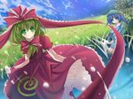  backpack bad_id bad_pixiv_id bag blue_dress blue_eyes blue_hair day dress field flower flower_field front_ponytail grass green_eyes green_hair hair_ribbon hat highres kagiyama_hina kawashiro_nitori marionette_(excle) multiple_girls red_dress ribbon sky touhou 