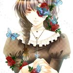  bad_id bad_pixiv_id braid brown_hair bug butterfly cross eyepatch flower flower_eyepatch insect jewelry narita_chika necklace original praying red_flower red_rose rosary rose solo 