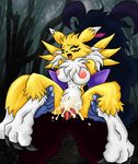  big_breasts blumagik breasts canine chest_tuft claws cum digimon elbow_gloves eyes_closed face_markings fangs female forest fox male outside penetration penis pussy renamon sex sitting straddle tree vaginal vaginal_penetration yellow 