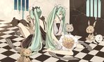 anbivarens back-to-back bouquet checkered checkered_floor dual_persona flower happy hatsune_miku highres long_hair mirror multiple_girls reflection sad sitting stuffed_animal stuffed_bunny stuffed_toy teddy_bear twintails very_long_hair vocaloid wariza 