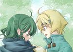  1girl adjusting_clothes bad_id bad_pixiv_id blonde_hair blue_eyes deltora_quest dressing_another green_eyes green_hair headband jasmine_(deltora_quest) lief_(deltora_quest) long_hair short_hair suma_(jen-ga) 