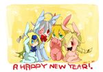  ahoge animal_costume animal_ears ap-dash blazblue blonde_hair blue_eyes bunny_costume bunny_ears dual_persona eyepatch green_eyes happy_new_year lambda-11 mu-12 multiple_girls new_year noel_vermillion nu-13 red_eyes silver_hair 