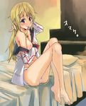 bad_id bad_pixiv_id bare_shoulders barefoot bed blonde_hair breasts charlotte_dunois condom condom_in_mouth hand_behind_head infinite_stratos jewelry kno1 legs_up long_hair long_legs medium_breasts mouth_hold necklace nipples off_shoulder panties purple_eyes sitting solo underwear white_panties 