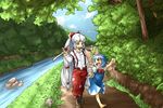  barefoot blue_hair cirno closed_eyes fishing_rod fujiwara_no_mokou multiple_girls mutsuki_(tsugaidanuki) nature red_eyes ribbon river silver_hair touhou 