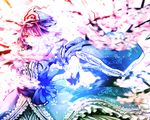  blurry cherry_blossoms depth_of_field diract hat highres japanese_clothes outstretched_arm pink_eyes pink_hair purple_hair saigyouji_yuyuko short_hair solo touhou 