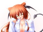  :d ^_^ animal_ears bat_wings blush breasts cat_ears cleavage closed_eyes demon_tail fang head_wings highres kemonomimi_mode koakuma large_breasts long_hair midoriiro_no_shinzou open_clothes open_mouth open_shirt paw_pose red_hair shirt sleeves_past_wrists smile solo tail touhou wings 