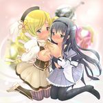  2girls akemi_homura black_hair blonde_hair blush breasts breasts_outside curly_hair flat_chest huge_breasts large_breasts long_hair mahou_shoujo_madoka_magica multiple_girls nipples shoes skirt smile thighhighs tomoe_mami 