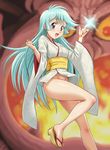  aqua_hair ass blue_eyes blue_hair blush bottomless dororon_enma-kun japanese_clothes kimono leg_lift long_hair nigou no_panties obi open_mouth sandals sash short_kimono smile snowflakes solo standing standing_on_one_leg yukiko_hime 